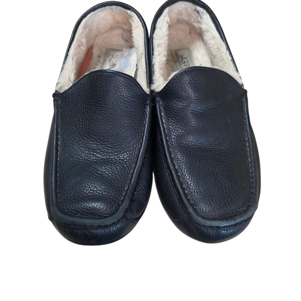 UGG Ascot Mens 12 Black Leather Shearling Lined Moccasin Slippers 5379E - Picture 5 of 16